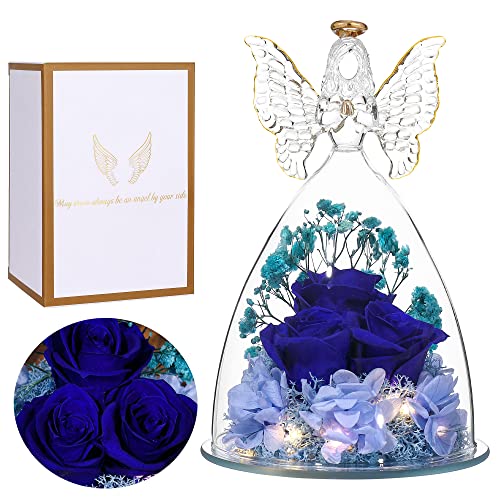 Ocosy Large Angel Rose Gifts,Forever Real Three Roses In Angel Figurines Gifts For Women, Angel Guardian With Rose Gift For Valentine Day Mothers Day Birthday Gift For Her, Dark Blue #TOP5