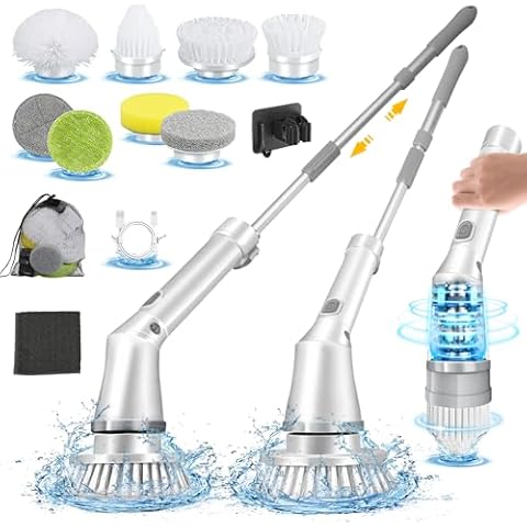 KEPEAK Electric Spin Scrubber, Dual Speed Cordless Rechargeable Cleaning Brush with 8 Interchangeable Brush Heads, 1.5H Work Hours, Adjustable Handle for Bathrooms, Kitchens Tile Floor Home Cleaning Cover