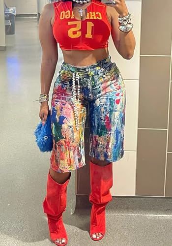 NRTHYE Women Colorful Tie Dye Bermuda Denim Shorts Baggy High Waist Straight Leg Multicolor Graffiti Jean Shorts2