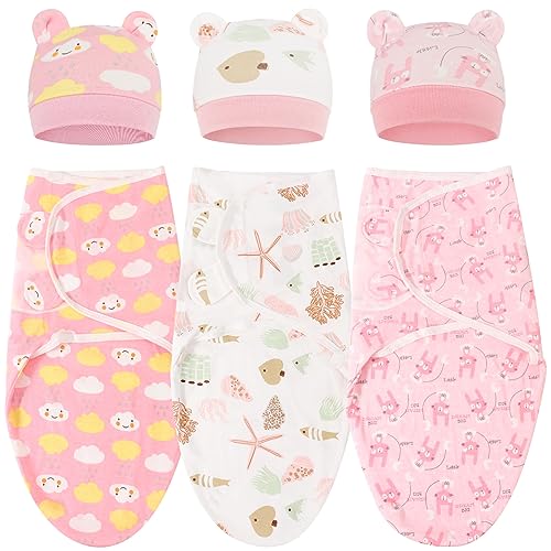 Image of DRESHOW BQUBO 3 Pack Newborn Baby Swaddle Blanket with Hats Infant Adjustable Swaddling Wraps with Bear Ears Cap for 6-12 Lbs Newborns & 0-3 Months Girls Boys