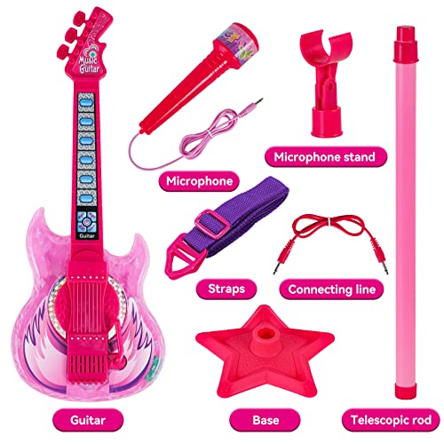 Guitar And Microphone Play Set For Girls,Microphone Toys With Stand,Karaoke Machine With Music&Light,Adjustable Height Guitar Toys For Kids,Toddlers,Child(Red) #TOP3