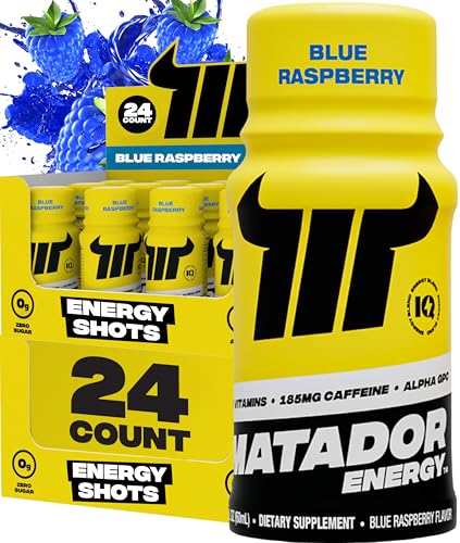 MATADOR Energy Shots Extra Strength Mini Energy Drinks w-B Complex Vitamins (Vitamin B12-B9-B6-B3), Alpha GPC Nootropic Focus, Coffee Bean Extract Caffeine Shots, 24 Shot Count Blue Raspberry