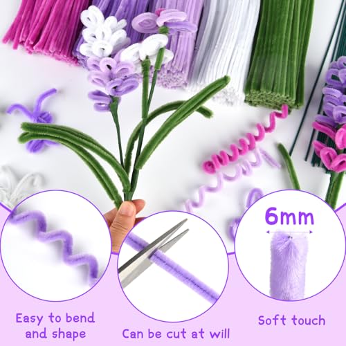 Image of ASTARON 521 Pcs 5 Colors Art Chenille Stems Pipe Cleaners Flower Making Kit | Purple Series Craft Pipe Cleaners,20 Floral Wires,Green Gardening Tape, Flowers Making Kit,Polyester Fluffy Pipe Cleaners Set