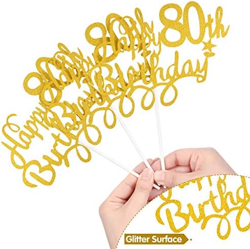 3 Pieces 80th Birthday Cake Toppers Happy 80th Birthday Cake Cupcake Topper Picks Glitter Cake Decoration for 80th Birthday Party Supplies Cake Decorations (Gold)