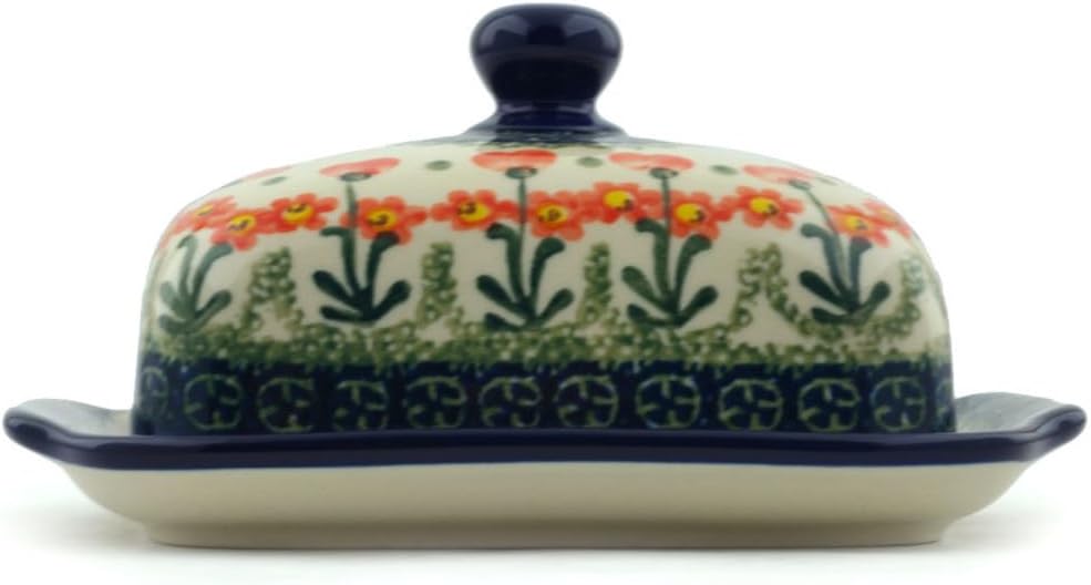 Polish Pottery Butter Dish - Peach Spring Daisy