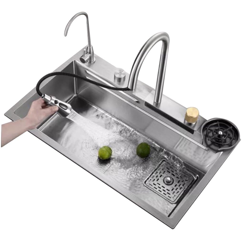 Lavello a sifone in acciaio inox color argento con rubinetto, rondella e cestello di scarico, lavello da cucina, piano di lavoro per lavastoviglie integrato, piscina fognaria controllata