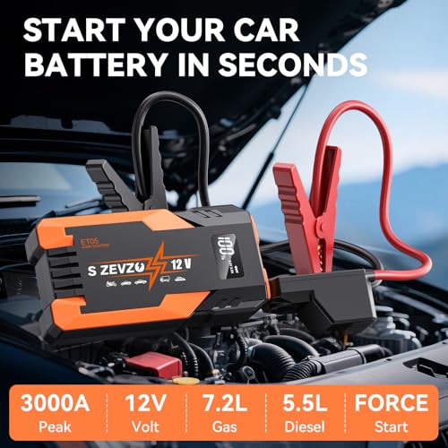 S ZEVZO ET05 Jump Starter 3000A Portable Car Jump Starter Battery Pack (7.2L Gas/ 5.5L Diesel), 51.8Wh 12V Jump Box with USB Ports, LCD Display and 3 Modes Flashlight - Image 2