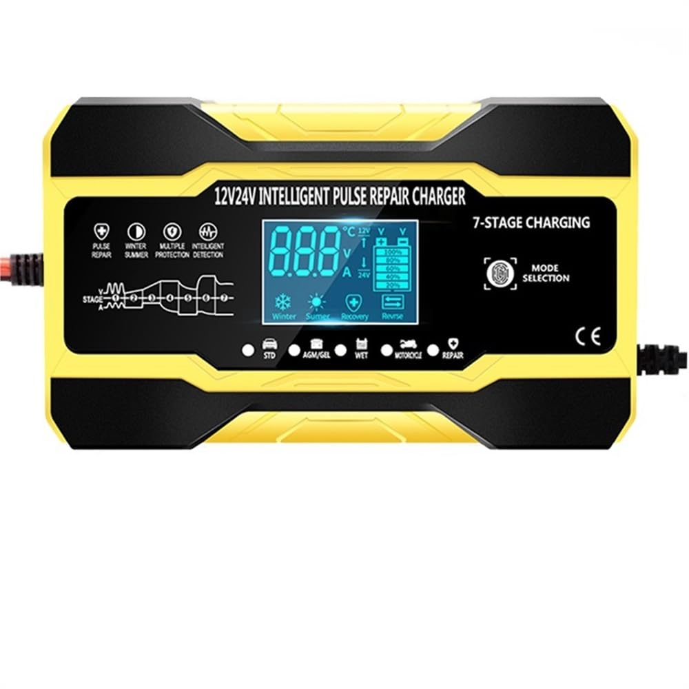Cargador Baterias Coche 12V 10A/24V 5A Cargador de batería de Coche automático Completo Reparación de Pulso de Carga rápida Inteligente Cargador BateríA Coche(Yellow)