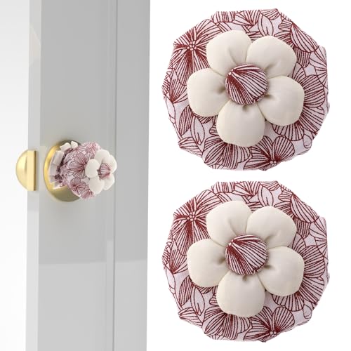 TIESOME 2 PCS Cotton Door Knob Covers with Floral, Door Knob Protector Cover Wall Protectors Reusable Washable Door Handle Cover for Round Door Handle Protection and Door Handle Decorating (Red)