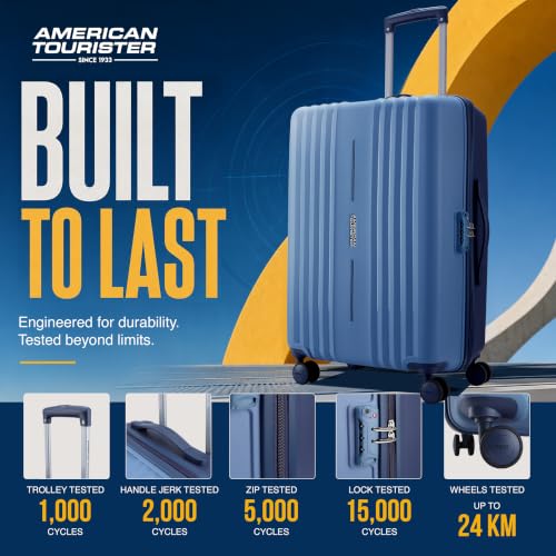Image of American Tourister Cleva S | Luggage Trolley Bag (67 cm) | 360 8 Wheel Travel Luggage | 2 Compartments | Hard Luggage Polypropylene Suitcase | Mounted TSA Lock | 3 Years Warranty | Blue & Navy Blue