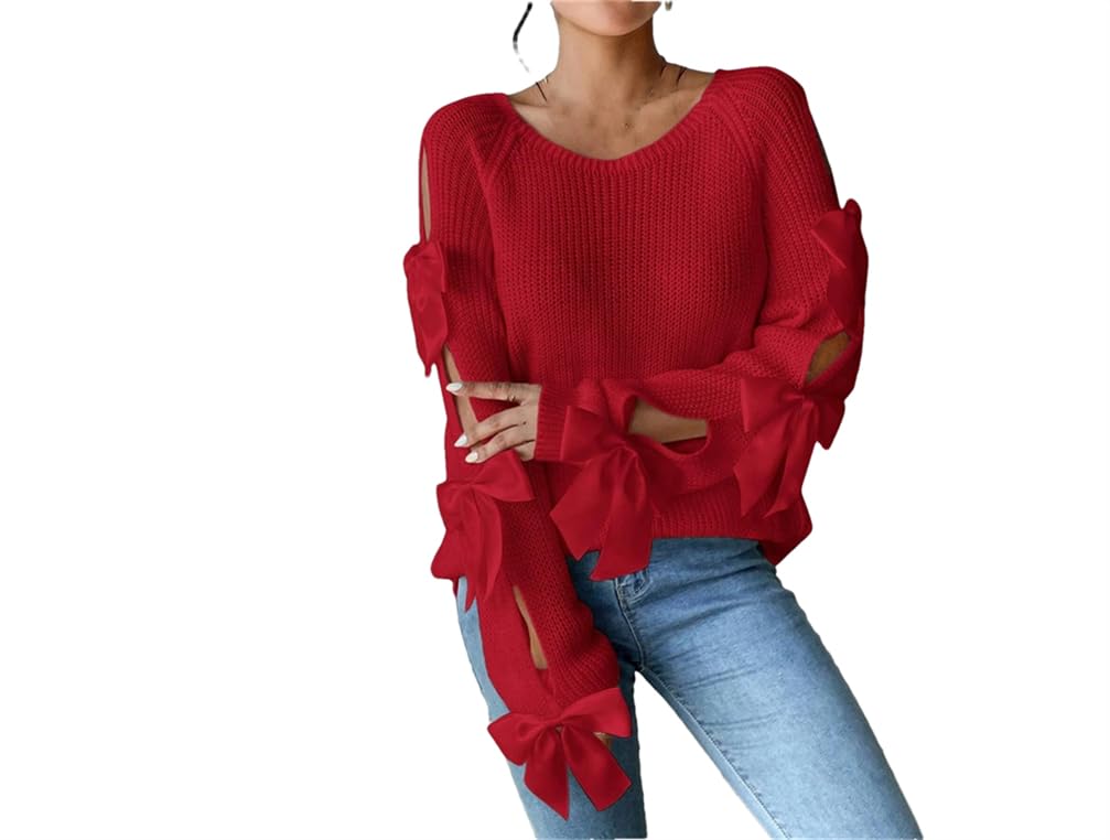 Women Bow Details Hollowed Out Sleeves Sweater Knit Sweater Round Neck Sweater