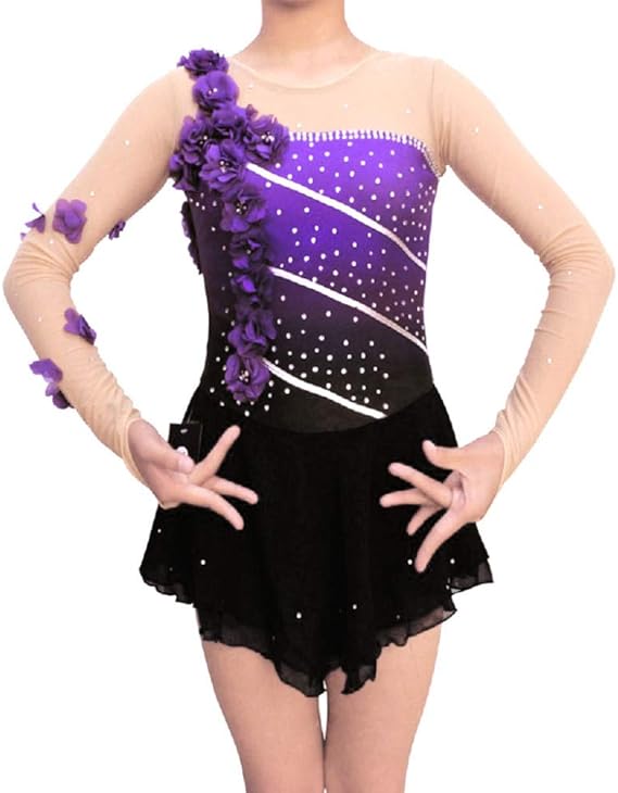 Amazon Co Jp 女性用 フィギュアスケート ドレス 女の子 アイススケート ドレス パープル フラワー ハロ染色 スパンデックス プロフェッショナル 競技大会 スケートウェア ファッション ラインストーン 長袖 ラテンダンス フォークダンス フィギュアスケート 服