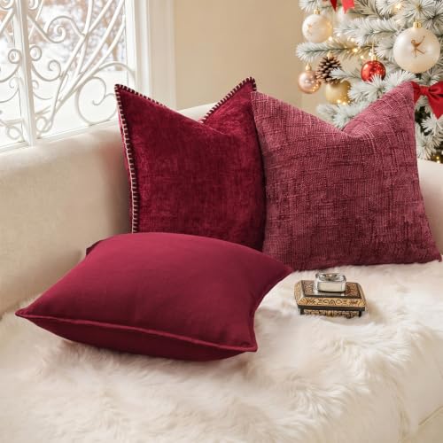 Image of decorUhome Soft Chenille Throw Pillow Covers 16x16 Set of 2 Wine Red