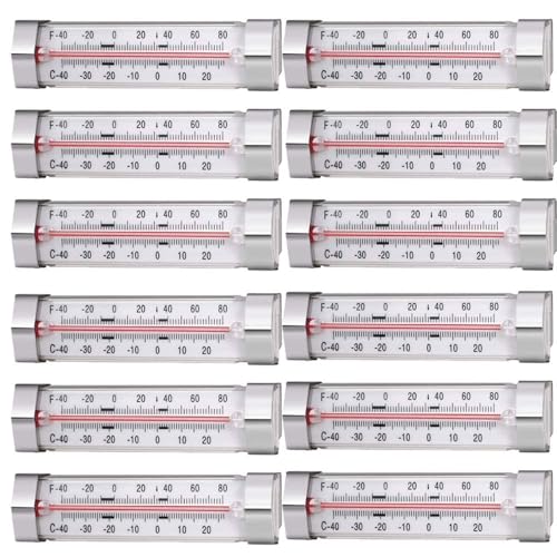 pistro Lot de 12 thermomètres pour réfrigérateur/congélateur - Jauge de température précise pour réfrigérateur et congélateur, -40 °C à 27 °C, liquide non toxique sûr, facile à utiliser, plastique et