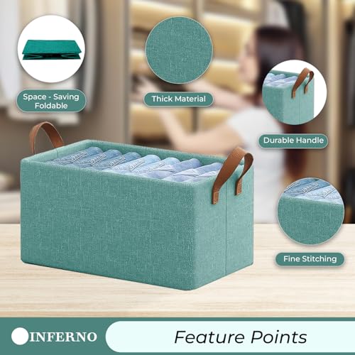 Image of INFERNO 3 Piece Foldable Wardrobe Cloth Organizer with Durable Handles, Space Saving Stuff Storage Box Closet Drawer Organizers for Clothes, Toys, Books, Blanket (Green)