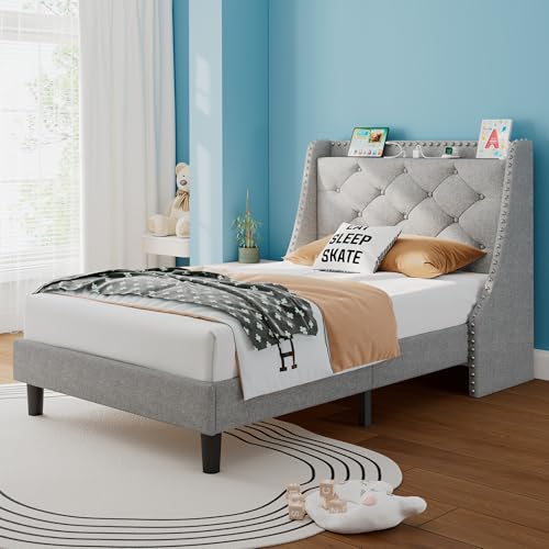 iPormis Twin Bed Frame with 16" Comfort Wingback & Charging Station, Upholstered Platform Bed with Button Tufted Storage Headboard, Solid Wood Slats Support, No Box Spring Needed, Light Grey