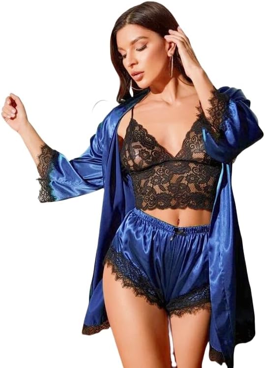 Womens Silk Pajamas Robes Set 4PACKS Sexy Pjs Cami Shorts Satin Sleepwear Lace Loungewear (Navy Blue, Medium) - Image 6