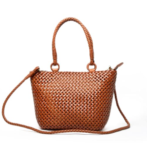 Cowhide Woven Handmade Women's Bag Genuine Leather Texture Casual Niche Vintage Bag French Style Handbag and Shoulder Bag, Brown2