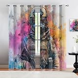 LUZAJUG Blackout Curtains - Soldier Graffiti Curtains & Home Decor, Watercolor Grunge Style Curtain for Windows, Drapes for Bedroom, Grommet & 2 Panels, Game Soldier Living Room Decor