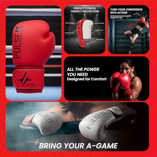 Image of Pulseit Boxing Gloves for Men & Women | Premium PU Leather | Training, Sparring, Kickboxing, Muay Thai & MMA | Multi-Layer Foam Padding, Wrist Support, Breathable (Red)
