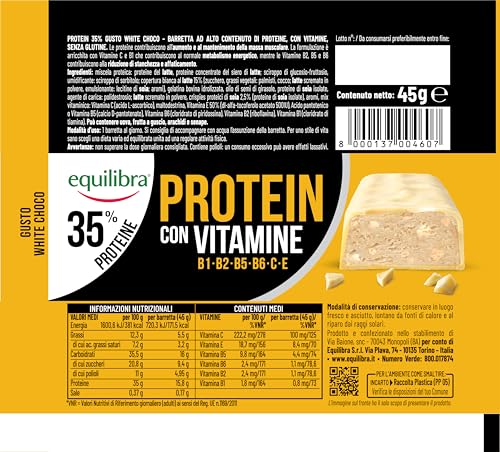 Equilibra Integratori Alimentari, Barretta Protein 35%, ad Alto Contenuto di Proteine, con Vitamine, Gusto White Chocolate, Contribuisce al Mantenimento della Massa Msuscolare, 24 Barrette da 45 g - Immagine 2
