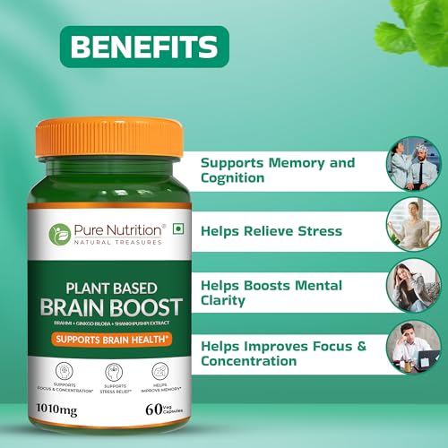 Image of Pure Nutrition Brain Supplements | Memory & Focus Plant Based Brain booster Capsules with Brahmi, Ginkgo Biloba & Shankhpushpi Extract | Supports Memory, Focus, Stress Relief & Cognitive Function - 60 Veg Capsules