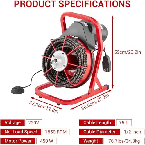 Image of Garvee 75FT x 1 /2 Inch Drain Cleaner Machine, Portable Drain Cleaning Machine Snake with 6 Cutters & Foot Switch for 1 inch to 4 inch Pipes, Heavy Duty Sewer Auger for Sinks, Toilets, Showers