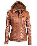 Minetom Lederjacke Kunstlederjacke Damen Elegant Revers Langen Ärmeln Slim Reißverschluss Einfarbig Mit Kapuzen Khaki DE 36