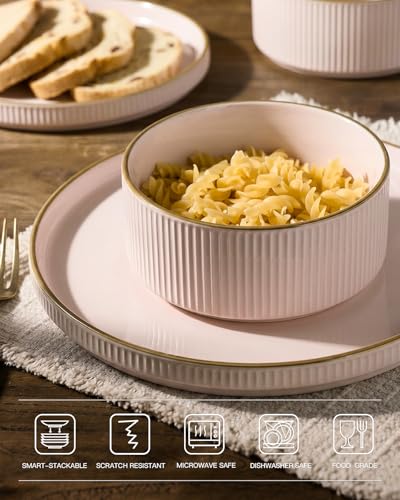 Image of Famiware Stoneware Dishes Dinnerware Sets for 6, Plates and Bowls with Trim