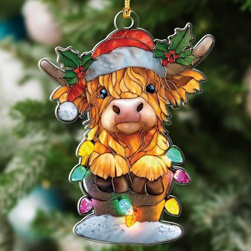 Highland Cow Christmas Ornaments - Stained Glass Effect Highland Cow Decor - Christmas Ornament 2025 - Cow Ornaments For Tree - Farm Animal Decor - Scottish Gifts For Women - Window Hanging Suncatcher