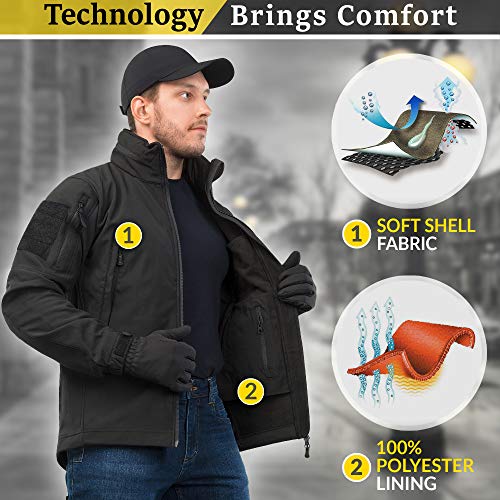 M-Tac Hooded Tactical Jacket Fleece Lined - Water Resistant Softshell Jacket Men (L, Black)