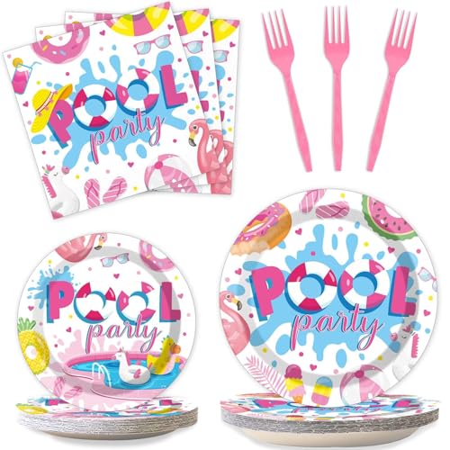 Image of Qyeahkj 100 Pcs Summer Pool Party Plates and Napkins Set Pink Swimming Pool Party Decorations Supplies Beach Disposable Paper Tableware Dinnerware Favors Birthday Shower Serves 25