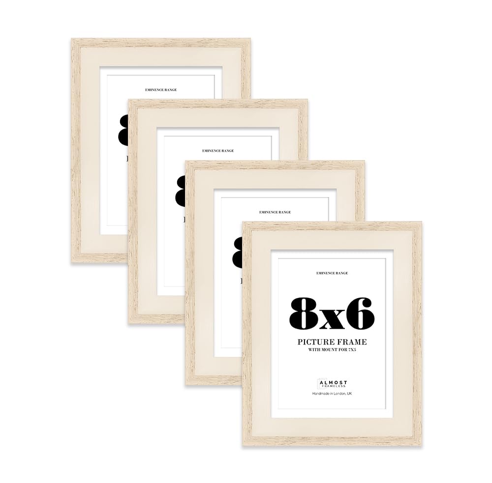 8x6" Oak Picture Frame with 7x5" Mount - Shabby Chic Photo Frame with Distressed Finish, Wall Hooks and Kickstand, 32mm Edge - 4 Pack