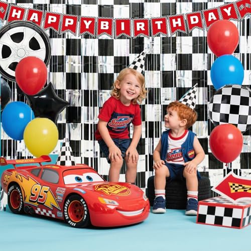 Image of Race Car Birthday Party Decoration, 2 Pack Race Car Party Backdrop Photo Booth Prop, Black and Silver Checkered Fringe Curtains Tinsel Photo Streamers for One Happy Dude Race Car Theme Party Supplies