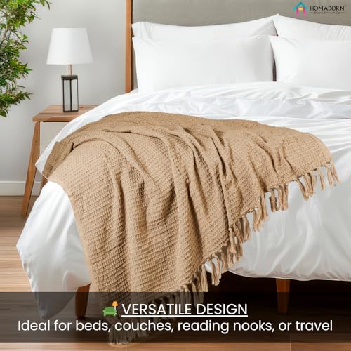 Image of HOMADORN Waffle Weave Cotton Throw Blanket - Lightweight, Breathable & Cozy for Sofa or Bed (100% Cotton)(50X60 Inches) Beige