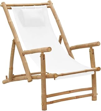 Deck Chair, Patio Chair Outdoor Chairs Patio Dining Chairs Patio Porch Furniture Suitable for Garden Poolside Deck Porch Bamboo and Canvas Cream White