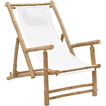 Cream White Bamboo Canvas Deck Chair for Outdoor Patio Garden Balcony, Comfortable Polyester Lounge Seat, Foldable Backyard Furniture, 264.6 lb Capacity