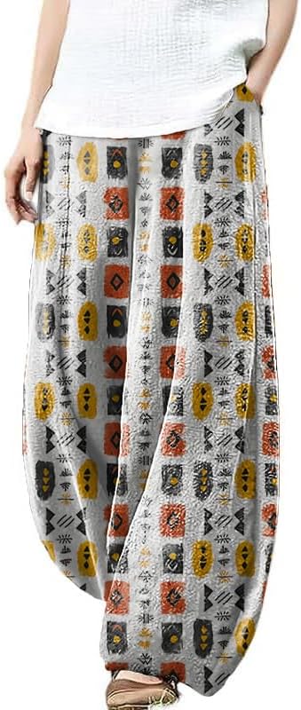 Boho Pants for Women Summer Baggy Pants Comfortable Soft Printed Vacation Outfits for Women with Pockets Vintage Elastic Waist Pants for Women Relax Lantern Trouser,totemwhite,S