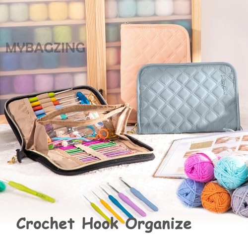 Image of MYBAGZING Crochet Hook Case - Empty Organizer with 24 Slots for Crochet Hooks & Ergonomic Aluminum Crochet Needles, Zipper Pocket for Accessories and Supplies