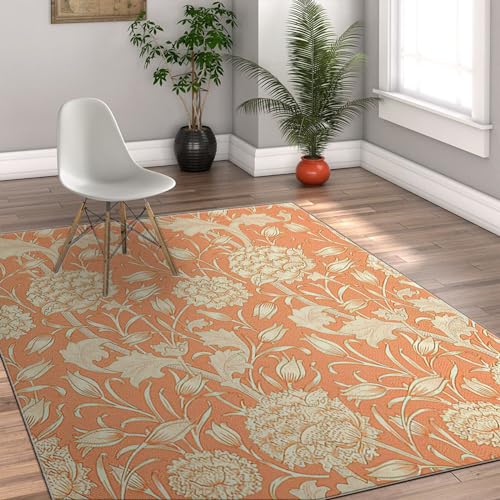 Tapis de sol style William Morris tulipe sauvage lavable orange