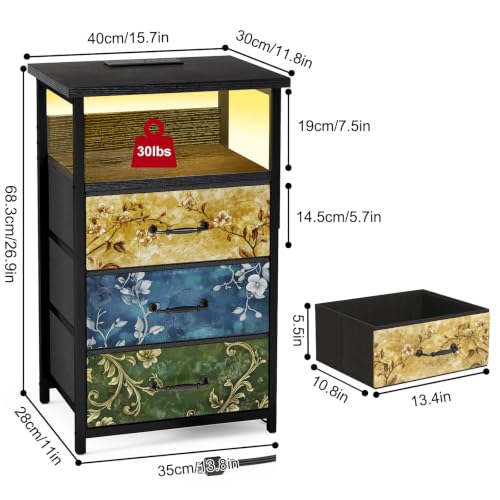 Image of Fixwal Night Stand with 3 Fabric Drawers, Nightstand with Charging Station