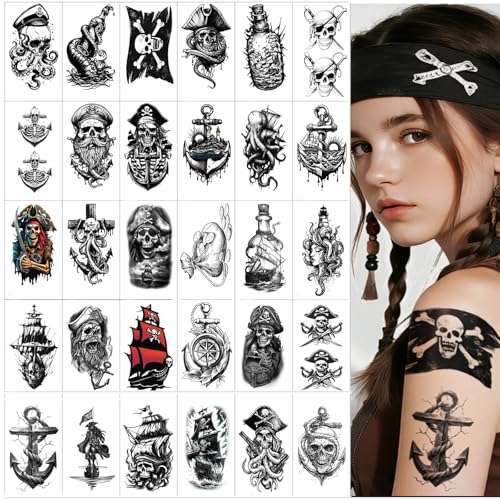 Pirate Skull Temporary Tattoo for Kids 30 Sheet Skeleton Anchor Fake Tattoos Waterproof Realistic Black Viking Tribal Totem Tattoo Stickers for Women Men Adults Body Art Decor Q1021