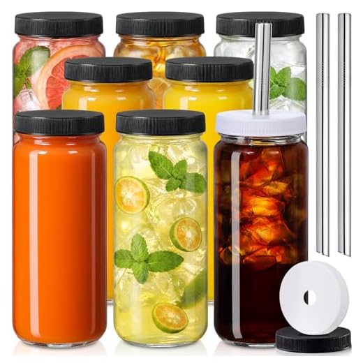 [ 8 Pack ] Glass Juicing Bottles with 2 Straws & 2 Lids w Hole- 16 OZ Travel Drinking Jars, Water Cups with Black Airtight Lids, Reusable Tall Mason Jar for Juice, Boba, Smoothie, Tea, Kombucha
