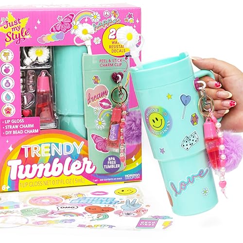 Just My Style Trendy Tumbler Kit, Customize a 20 oz BPA Water Tumbler, 20+ Water-Resistant Decals, Flower Straw Charm, DIY Beaded & Fluffy Pom Keychain, Charm Hook Included, Back To School Girl Gifts