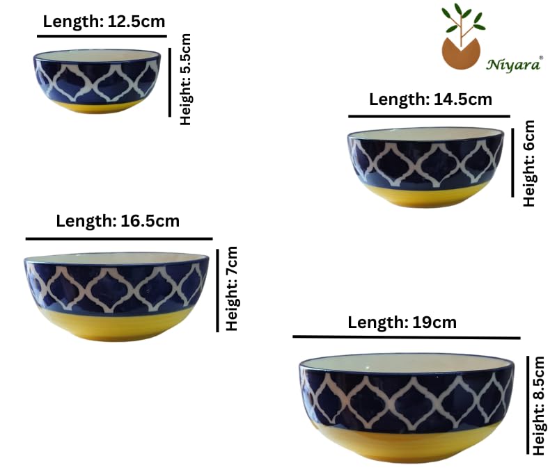 Image of Niyara Stoneware Handmade Ceramic Stylish Premium Serving Bowls /Salad Tray Microwave Dishwasher Safe Set of 4 (Yellow Moroccan Print)