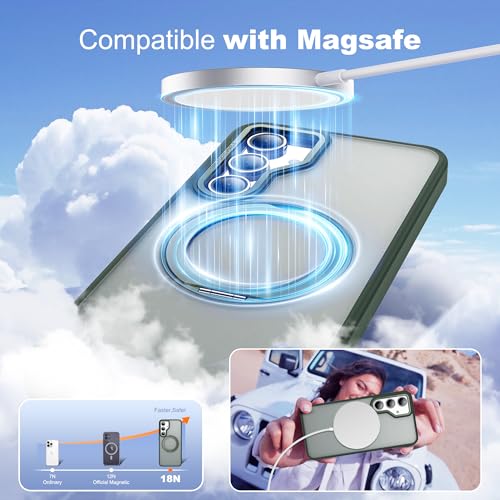 Image of for Samsung Galaxy S24 FE Case with 360 Rotatable Magnetic Ring Stand Compatible with Mag-Safe Military Protection Shockproof Matte Translucent Phone Cases for S24 FE,Dark Green