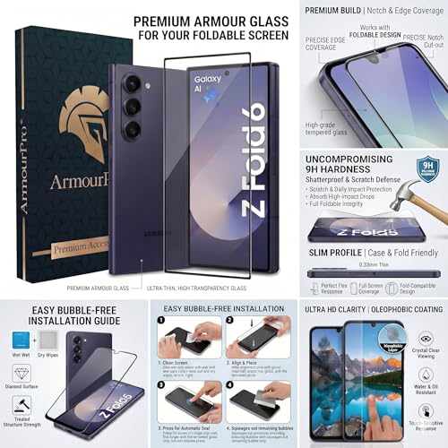 Image of ArmourPro Edge to Edge Tempered Glass for Samsung Galaxy Z Fold 6 with Black Camera Ring Guard, 9H Screen Protector, Anti-Scratch, Anti-Fingerprint, Bubble-Free Installation Kit