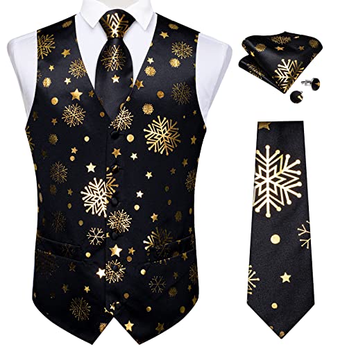DiBanGu Christmas Men's Suit Vest and Tie Snowflake Waistcoat Necktie Pocket Square Cufflinks Set Festival Party Gifts