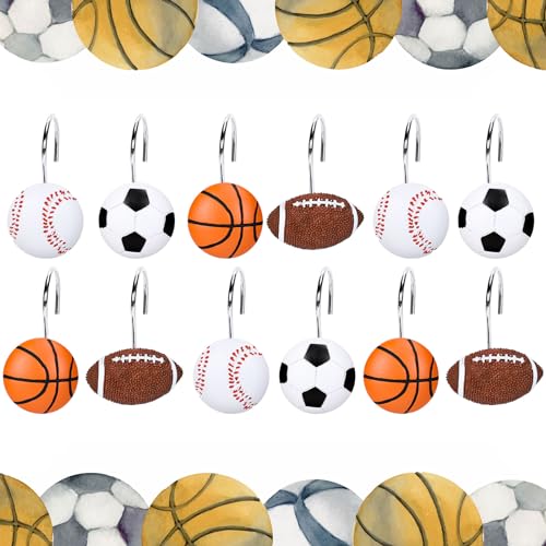 JarThenaAMCS 12Pcs Sports Ball Shower Curtain Hooks Football Basketball Baseball Soccer Curtain Rings Decorative Hanger Hooks for Living Room Bedroom Bathroom Decor, 4 Designs