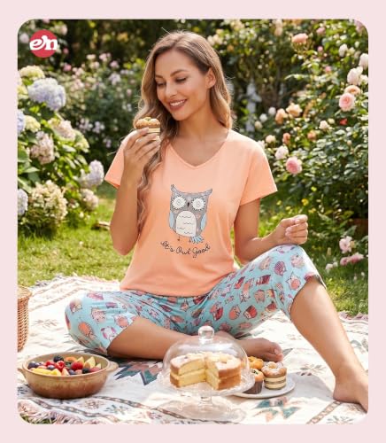 Image of ENJOYNIGHT Womens Pajama Sets Cotton Pj Set Short Sleeve Top With Capri Pants Sleepwear 2 Piece Lounge Set